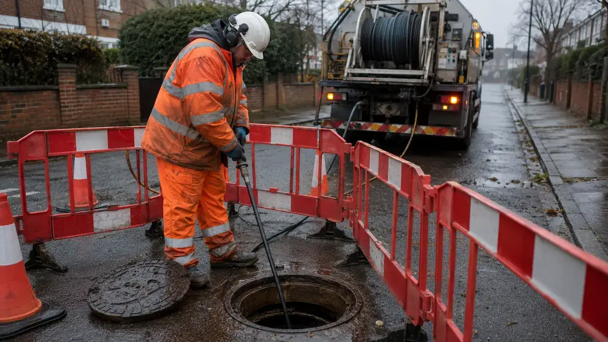 Drain jetting equipment being used through an open manhole