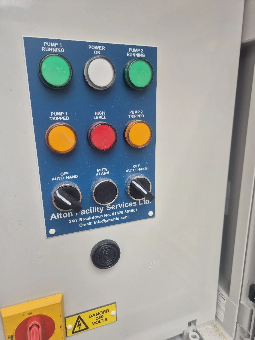Pump station control panel installed for sewage pumps