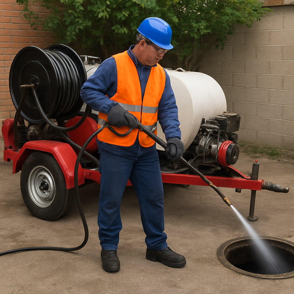 Technician operating a high-pressure jetting machine