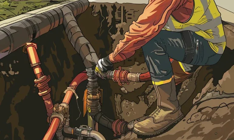 Drainage technician repairing sewer pipes on residential roadside