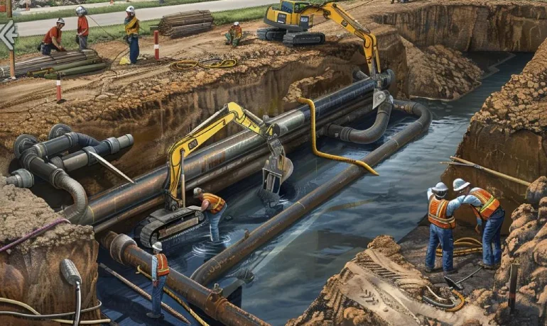 Crew installing large sewer pipes during major infrastructure excavation