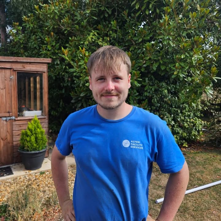 Borrie, AFS groundworks apprentice, in an Alton Facility Services t-shirt