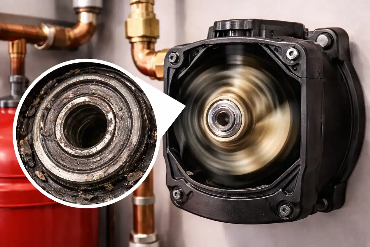 Illustration comparing a worn pump bearing with a running pump