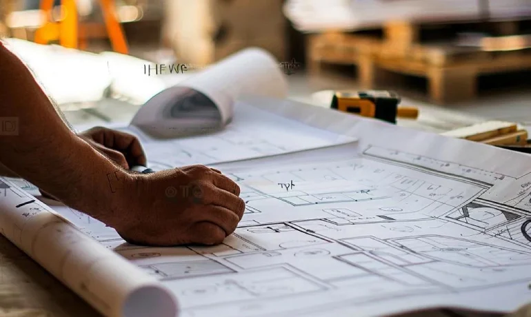 Engineer reviewing sewer pipe installation blueprints at construction site