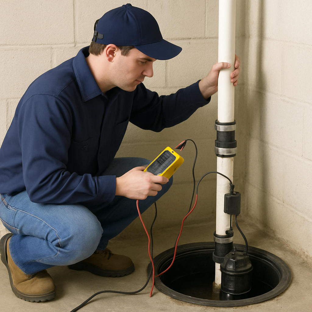Technician inspecting a sump pump